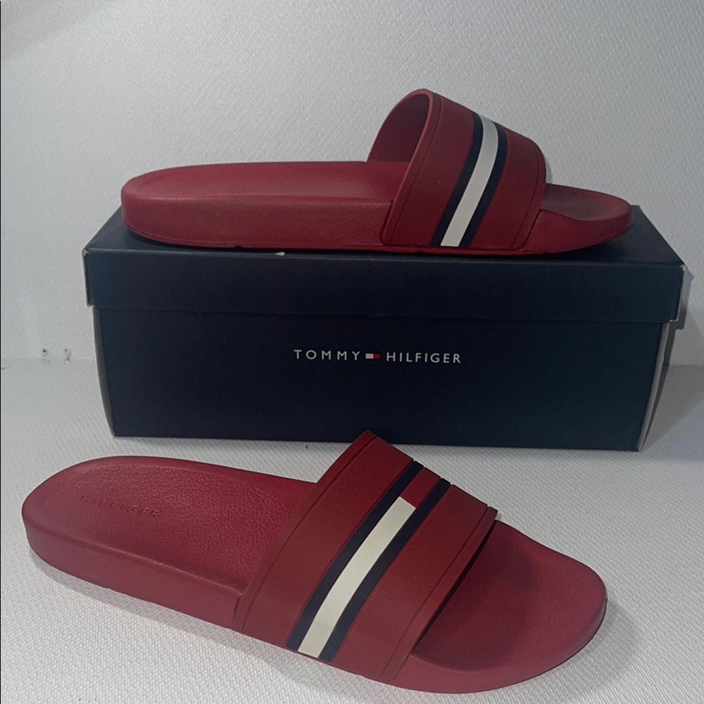 Tommy Hilfiger Red Slides with Signature Stripes 11 NWT